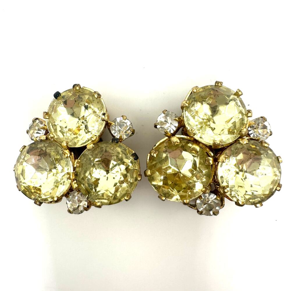 Vintage gold tone large jonquil yellow clear rhinestones clip on earrings